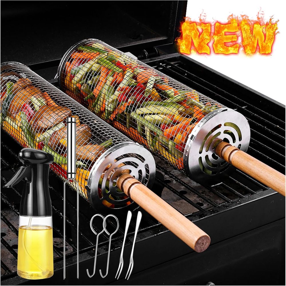 Camping Cooking Area - Large Round Stainless Steel Grilling Basket