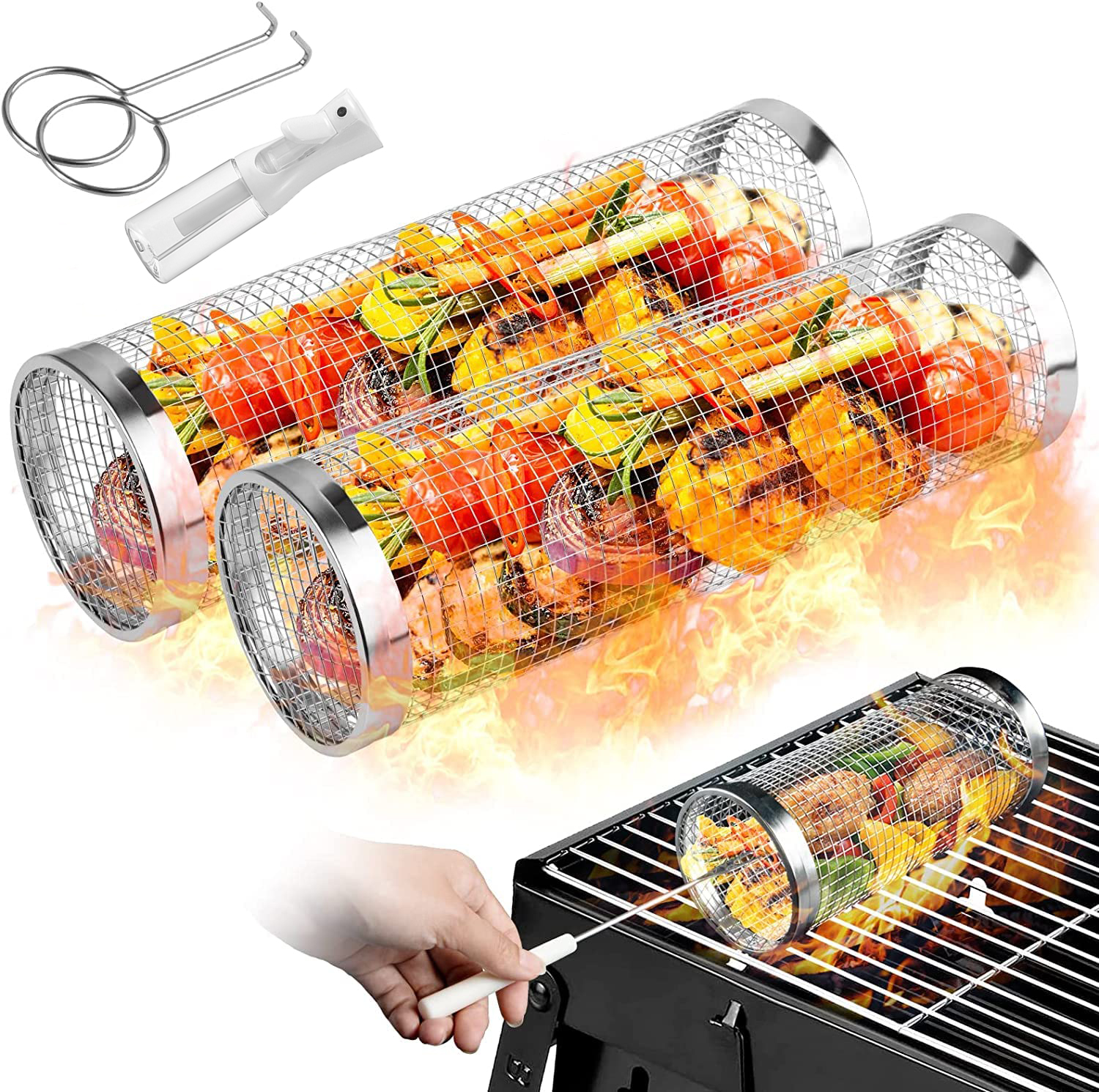 Camping Cooking Set Non Stick - 2 Pieces Rolling Grilling Baskets for