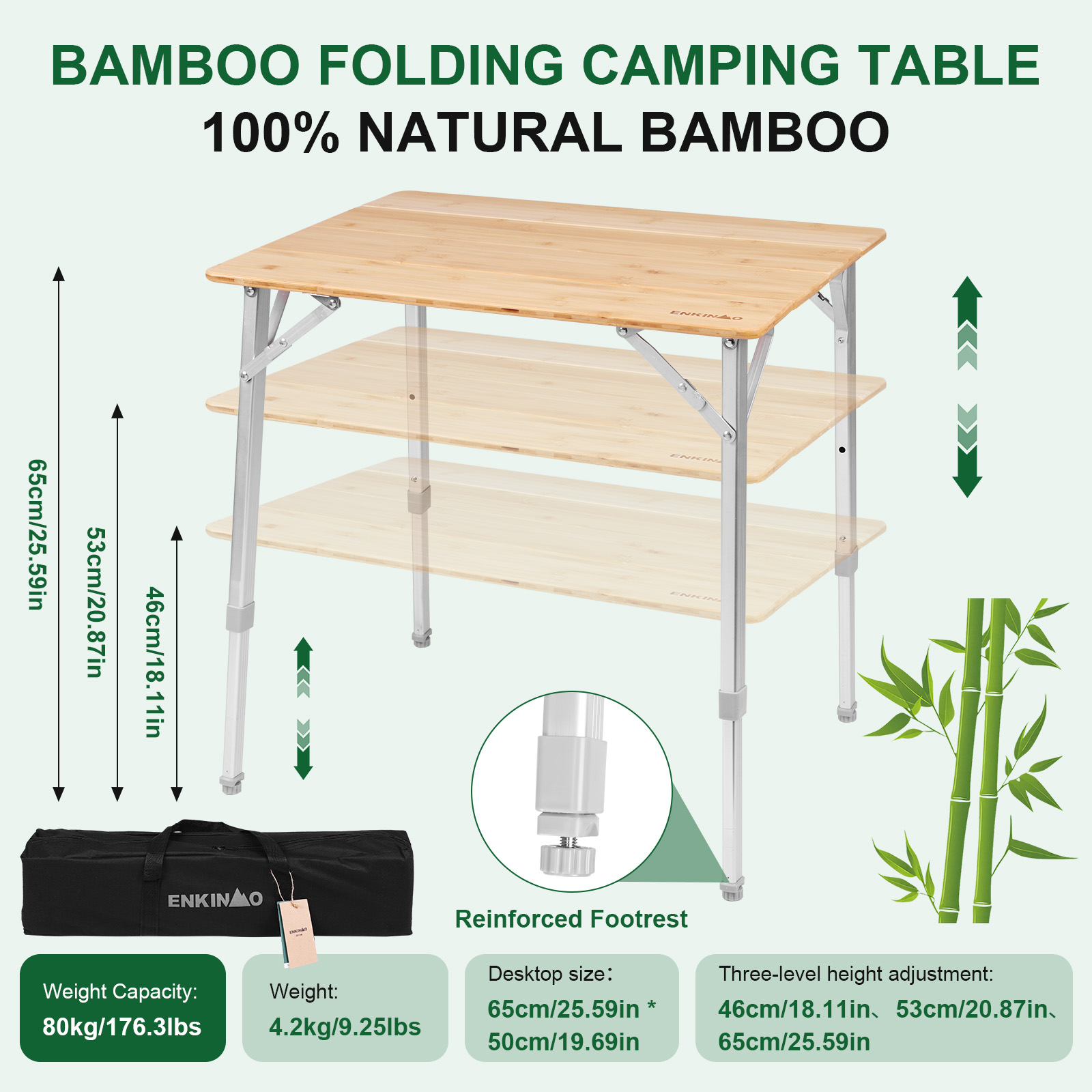 Camping Outdoor Cooking Table - Adjustable Height Folding Bamboo Camping Table