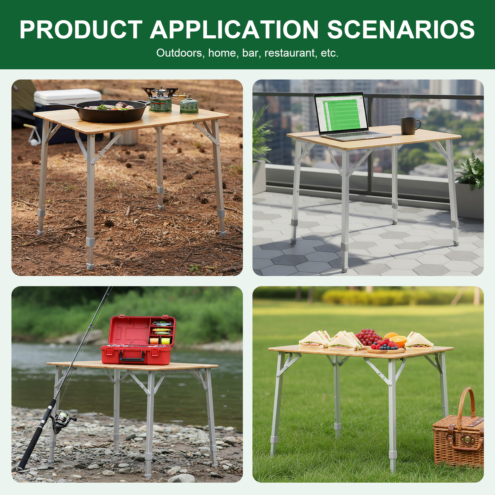 Camping Cooking Roll - Adjustable Height Bamboo Folding Table with